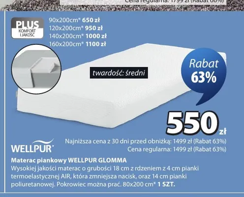 Materac piankowy Wellpur Glomma 160x200 cm promocja w Jysk