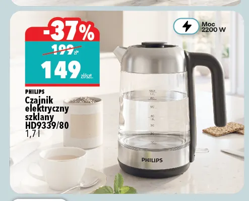 Czajnik elektryczny szklany HD9339/80 1,7 l Philips promocja w Biedronka Home