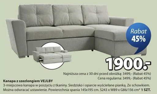 Kanapa z szezlongiem Vejley promocja w Jysk