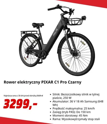 Rower elektryczny PIXAR C1 Pro Czarny promocja w Media Markt