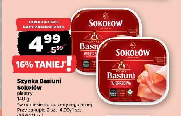 Szynka Basiuni wieprzowa plastry Sokołów promocja w Netto