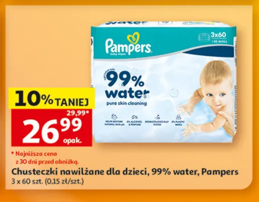Chusteczki nawilżane dla dzieci 99% water Pampers 3-pak promocja w Auchan