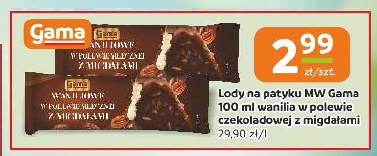 Lody na patyku MW Gama wanilia w polewie czekoladowej z migdałami promocja w Społem Częstochowa