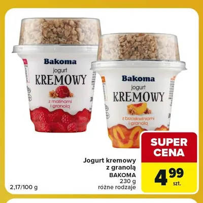 Jogurt kremowy z malinami i granolą Bakoma promocja w Carrefour Market