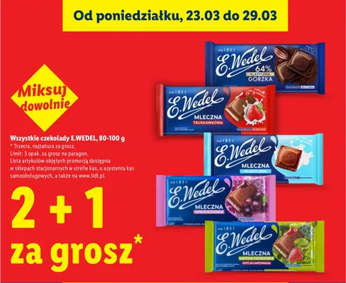 Wszystkie czekolady E.Wedel 80-100 g 2+1 ZA 1 GROSZ promocja w Lidl