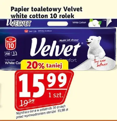 Papier toaletowy Velvet White Cotton promocja w Prim Market