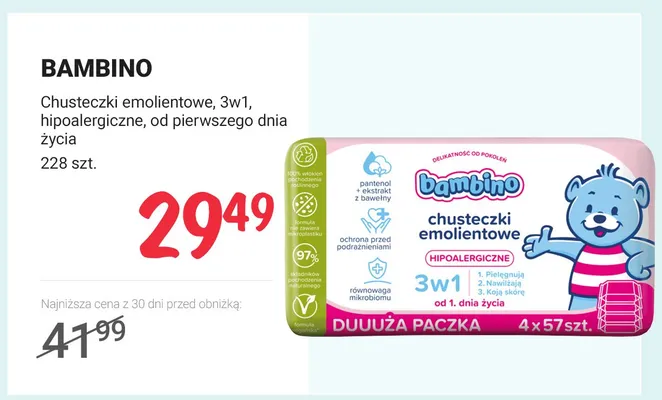 Chusteczki emolientowe 3w1 hipoalergiczne od pierwszego dnia życia Bambino promocja w Rossmann