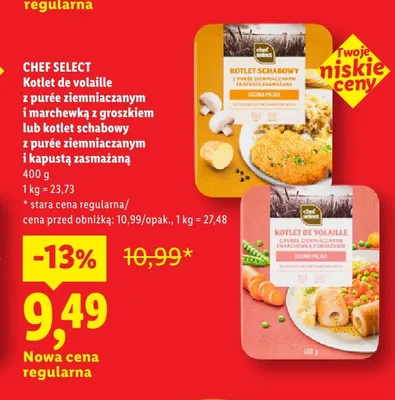 Danie gotowe Kotlet de volaille z purée ziemniaczanym i marchewką z groszkiem Chef Select Kuchnia Polska promocja w Lidl