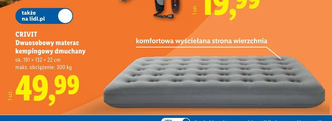 Dwuosobowy materac kempingowy dmuchany CRIVIT 191x132x22cm 300kg promocja w Lidl