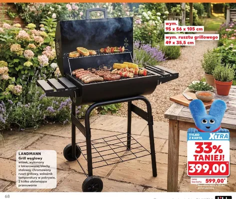 Grill węglowy LANDMANN wózek wykonany z lakierowanej blachy stalowej chromowany ruszt grillowy wskaźnik temperatury w pokrywie 2 kółka ułatwiające przesuwanie wym. 95x56x105cm wym. rusztu grillowego 49x35,5cm promocja w Kaufland