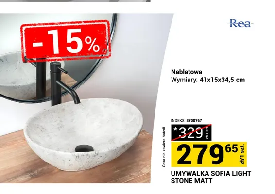 Umywalka nablatowa Rea Sofia Light Stone Matt 41x15x34,5 cm promocja w Merkury Market