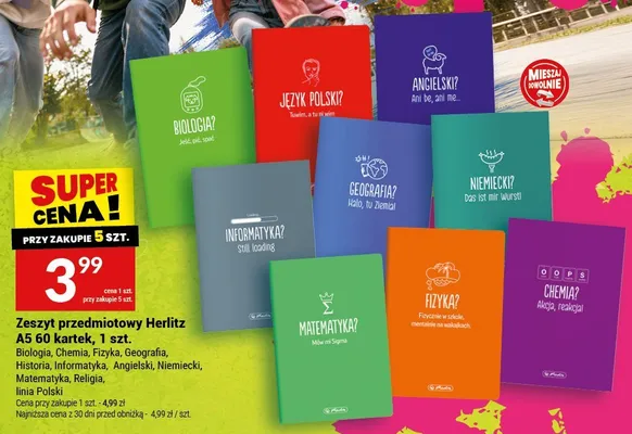 Zeszyt przedmiotowy Herlitz A5 60 kartek Biologia promocja w Twój Market