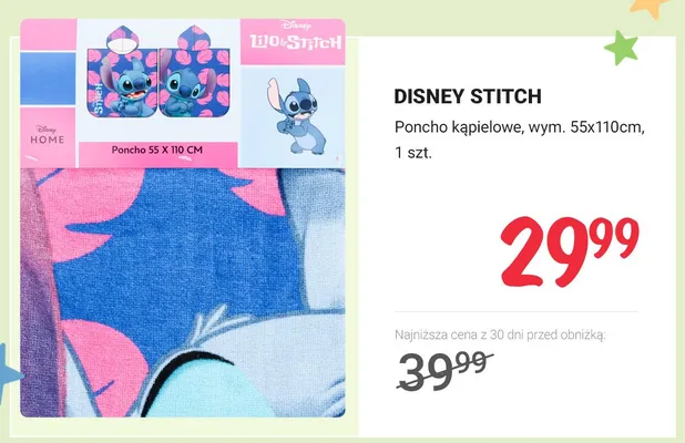 Poncho kąpielowe Disney Stitch wym. 55x110cm promocja w Rossmann