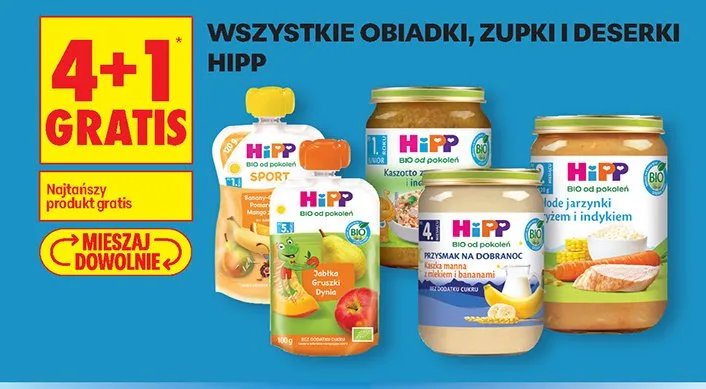 Wszystkie obiadki, zupki i deserki HiPP 4+1 GRATIS promocja w Biedronka
