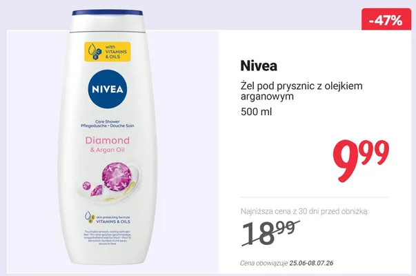 Żel pod prysznic Nivea Diamond & Argan Oil z olejkiem arganowym promocja w Rossmann