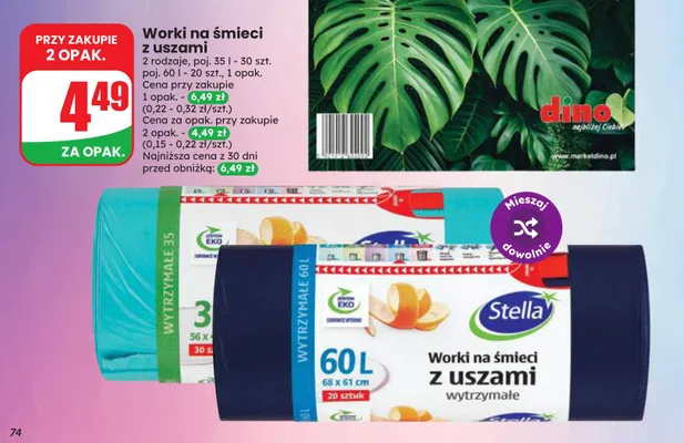 Worki na śmieci z uszami Stella 60 l promocja w Dino