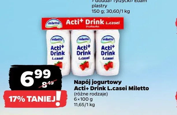 Napój jogurtowy Acti+ Drink L.casei Miletto promocja w Netto