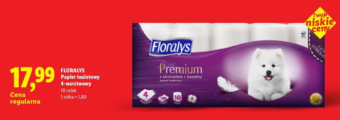 Papier toaletowy Floralys Premium 4-warstwowy 10-pak promocja w Lidl