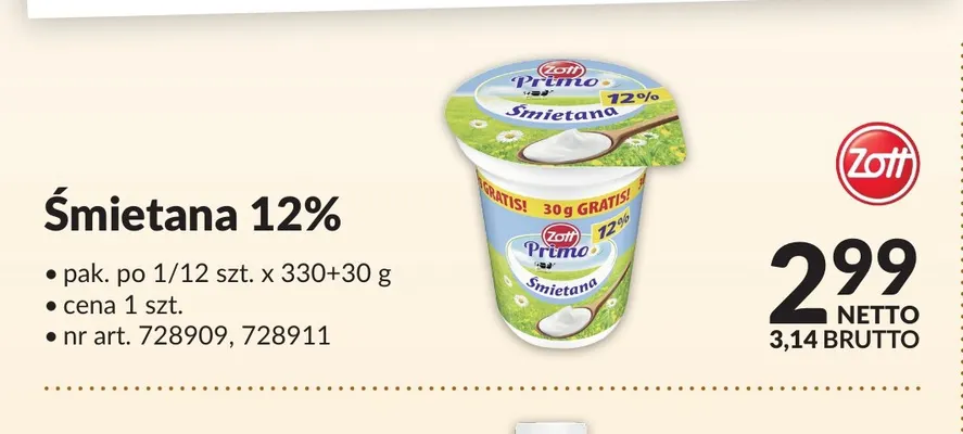 Śmietana Zott Primo 12% promocja w Makro