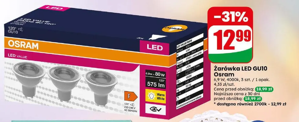 Żarówka LED GU10 Osram 2700K 3-pak promocja w Dino