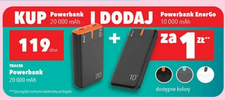 Powerbank 20 000 mAh + Powerbank EnerGo 10 000 mAh za 1 zł promocja w Biedronka
