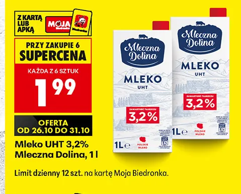 Mleko UHT Mleczna Dolina 3,2% promocja w Biedronka