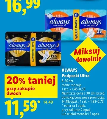 Podpaski Always Ultra 8-20 szt. promocja w Lidl