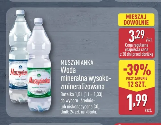 Woda mineralna gazowana wysoko-zmineralizowana Muszynianka promocja w Aldi