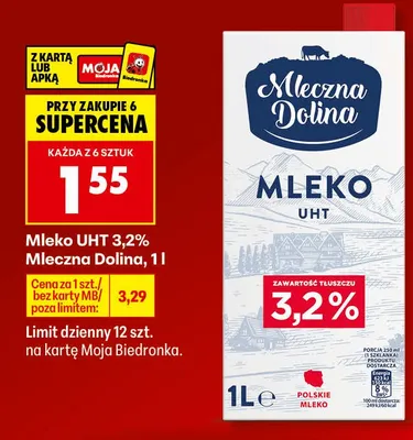 Mleko UHT 3,2% Mleczna Dolina promocja w Biedronka