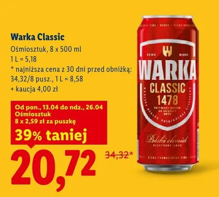 Piwo Warka Classic ośmiosztuk promocja w Lidl