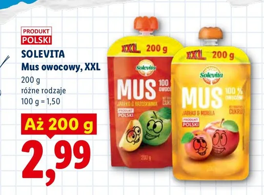 Mus owocowy Solevita XXL jabłko brzoskwinia promocja w Lidl