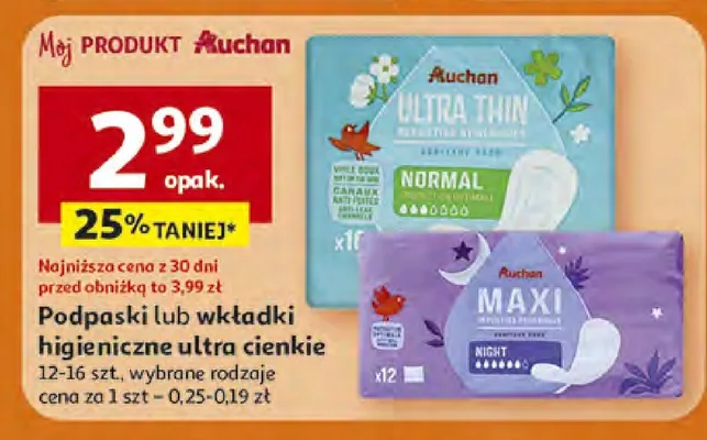 Podpaski lub wkładki higieniczne ultra cienkie promocja w Auchan