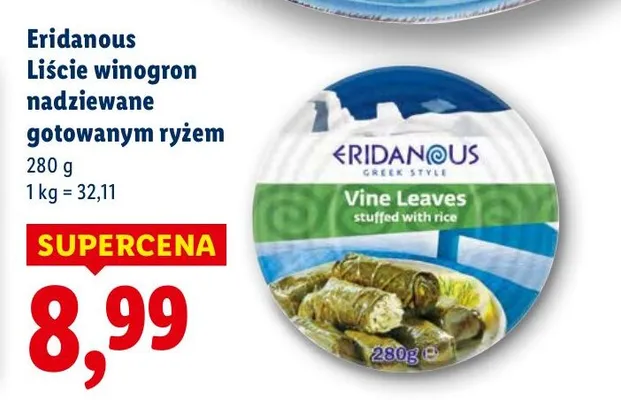 Liście winogron nadziewane gotowanym ryżem Eridanous promocja w Lidl