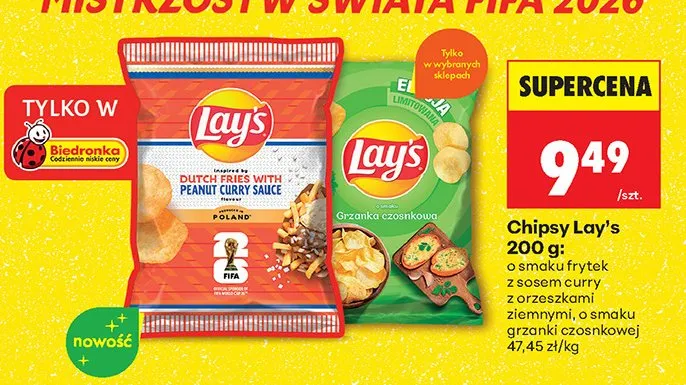 Chipsy o smaku frytek z sosem curry z orzeszkami ziemnymi promocja w Biedronka