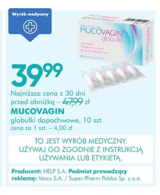 Globulki dopochwowe MUCOVAGIN promocja w Super-Pharm