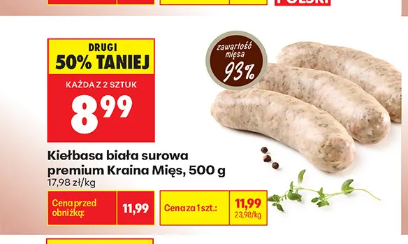 Kiełbasa biała surowa premium Kraina Mięs promocja w Biedronka