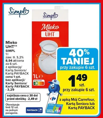 Mleko UHT SIMPL zaw. tł. 3,2% promocja w Carrefour Market
