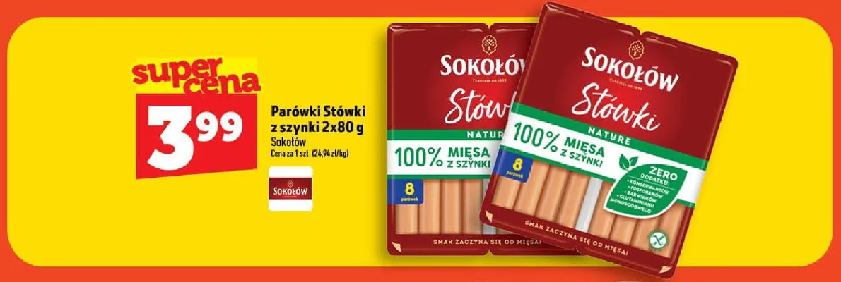 Parówki Stówki z szynki Sokołów 2-pak 80g promocja w TOPAZ