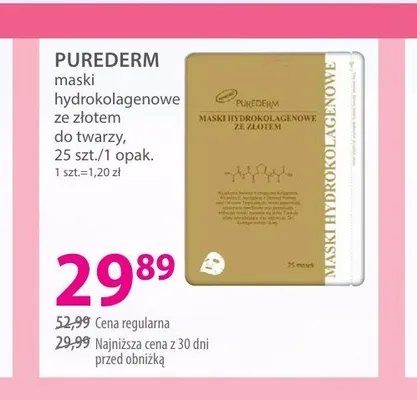 Maski hydrokolagenowe ze złotem do twarzy PUREDERM promocja w Hebe