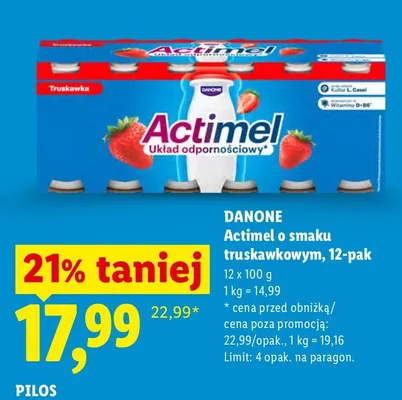 Napój probiotyczny Actimel o smaku truskawkowym Danone 12-pak promocja w Lidl