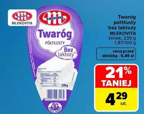 Twaróg półtłusty bez laktozy klinek Mlekovita promocja w Carrefour Market