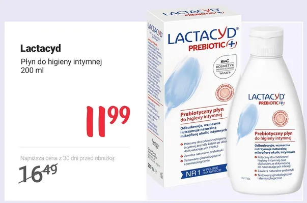 Prebiotyczny płyn do higieny intymnej Lactacyd Prebiotic+ promocja w Rossmann