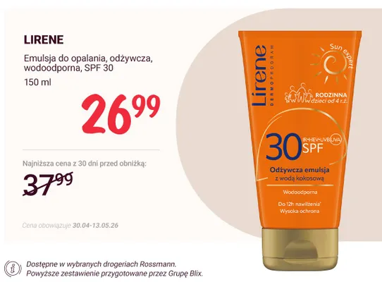 Emulsja do opalania odżywcza wodoodporna SPF 30 Lirene promocja w Rossmann