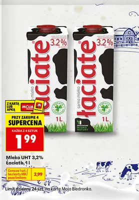 Mleko UHT Łaciate 3,2% promocja w Biedronka