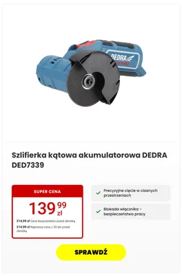 Szlifierka kątowa akumulatorowa Dedra promocja w Media Expert