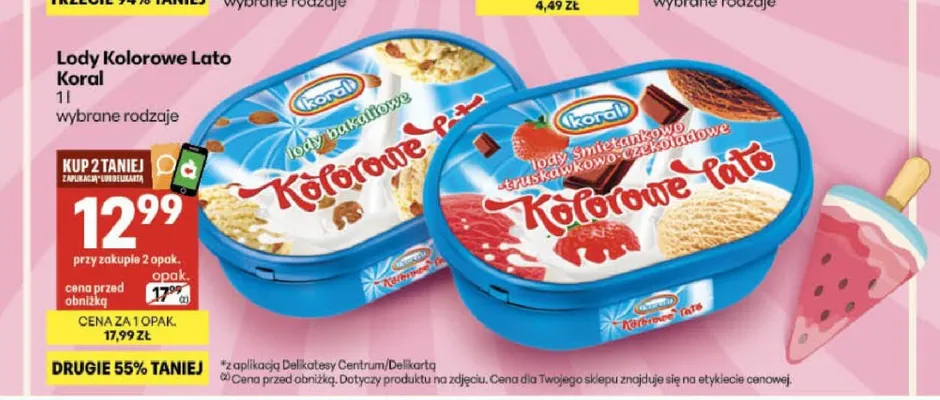 Lody Koral Kolorowe Lato śmietankowo-truskawkowo-czekoladowe promocja w Delikatesy Centrum