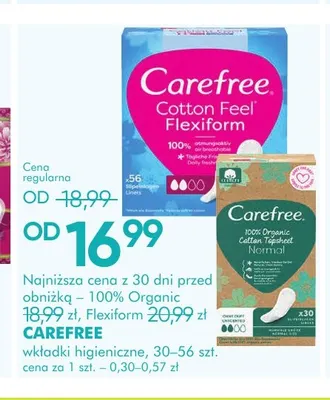 Wkładki higieniczne 100% Organic Cotton Topsheet Normal Carefree promocja w Super-Pharm