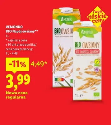 BIO Napój owsiany bez dodatku cukrów Vemondo promocja w Lidl