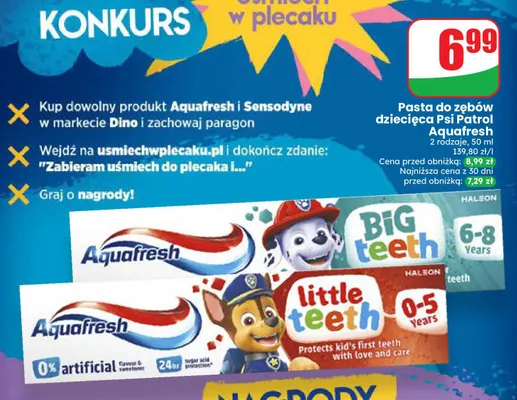 Pasta do zębów dziecięca Psi Patrol Little Teeth Aquafresh promocja w Dino