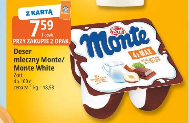 Deser mleczny Monte White Zott 4-pak promocja w Leclerc